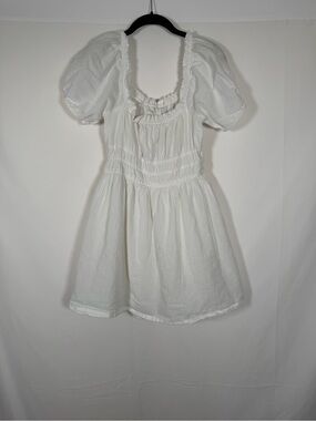 bp Cottage Boho White Puff-Sleeve 100% Cotton‎ Sundress with Ruffle Neckline
